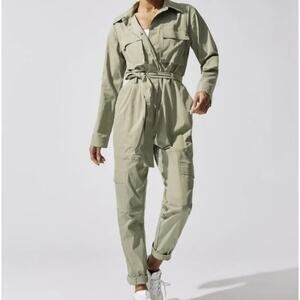 Carbon38 Cargo Utility Coverall Jumpsuit in Light Olive Green, Size Small